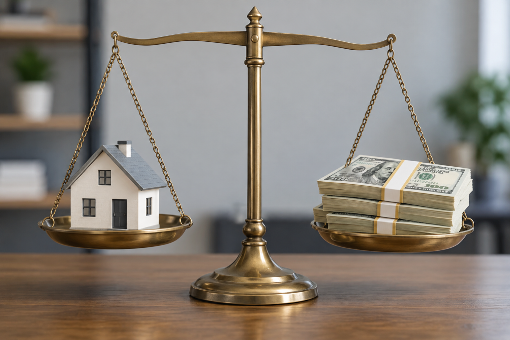 A model house and money on a scale